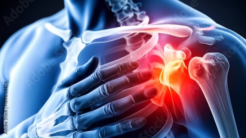 Anatomical Illustration of Shoulder Pain Human Skeleton with inflamed joint with medical concept.