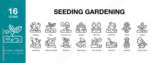 Seeding Gardening icon set. Includes agriculture, growth, soil, seed, garden, and More. Editable Stroke Icon Collection.
