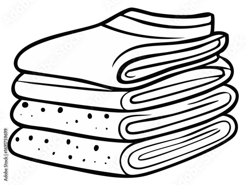 Black outline drawing of a neatly folded stack of laundry or fabric items illustrating organization and household chores