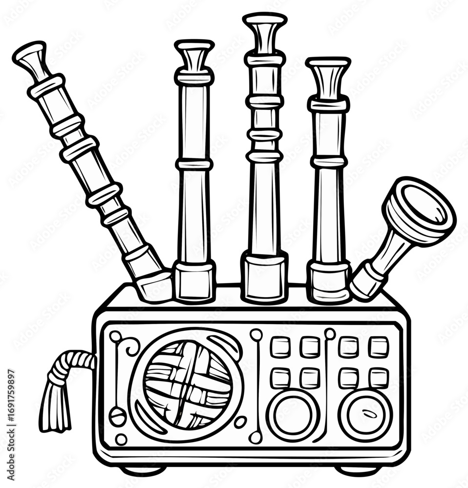 Obraz premium Detailed Whimsical Machine Illustration with Ornate Pipes, Dials, and Speaker for Creative Design