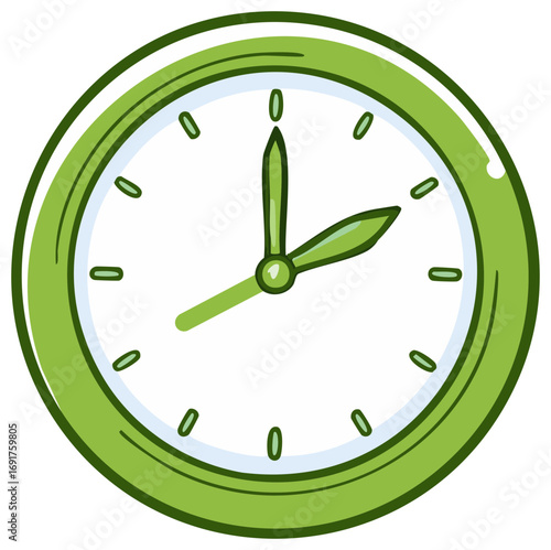 Simple hand drawn green wall clock showing time with bold outline on white background