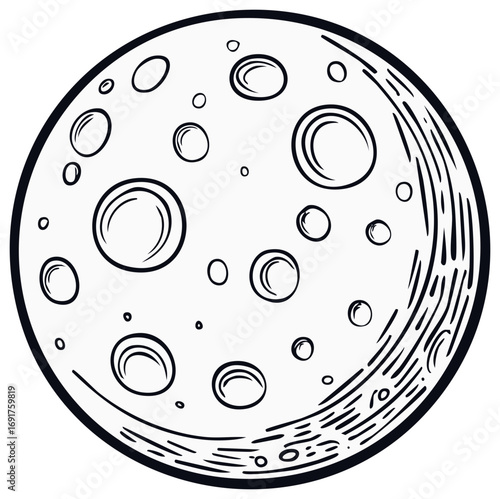 Stylized full moon with a cratered surface, hand-drawn vector illustration in a black and white comic style.