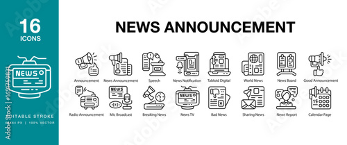 News Announcement icon set. Includes news, megaphone, loudspeaker, announcement, communication, and More. Editable Stroke Icon Collection.