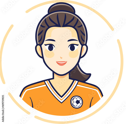 Smiling female soccer player cartoon portrait in an orange jersey