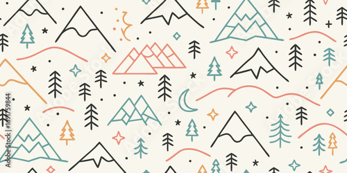 Whimsical hand drawn mountain and forest pattern with stars and moon
