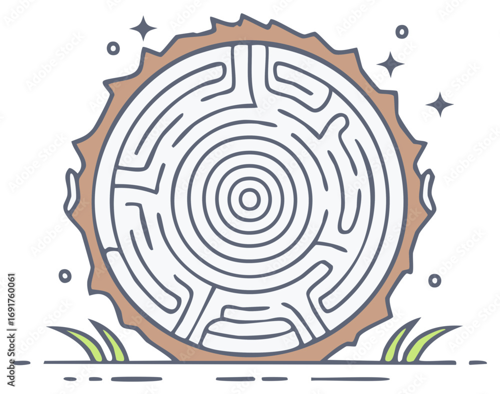 Fototapeta premium Wooden Maze Puzzle Illustration with Circular Design and Grass Accent Linear Style