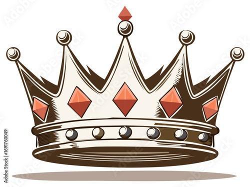 Illustrated shiny crown decorated with gems, royal symbol, vector art isolated on white backdrop