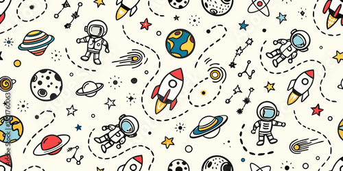 Cute hand drawn space pattern with astronauts planets rockets stars and comets on a light background
