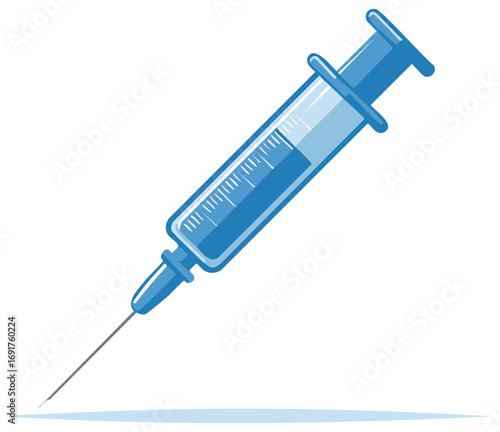 Cartoon style illustration of a blue syringe with needle and visible liquid