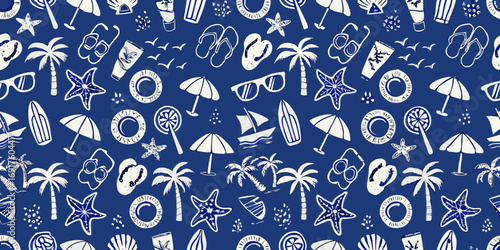 Seamless pattern of white summer vacation icons on a dark blue background