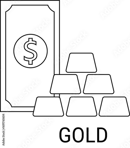 gold bar icon and dollar bill icon with white background