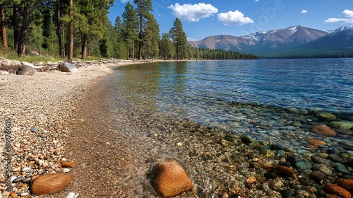 Rocky Beach and Clear Lake with Mountain View