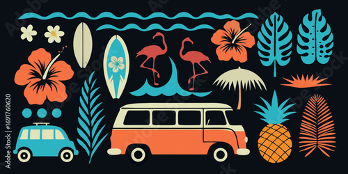 Retro summer vacation tropical beach elements with flamingos surfboards and vintage van