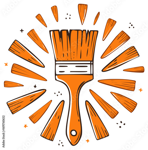 Vibrant orange painting tool featuring bristles and sunburst graphic elements, artistic DIY concept