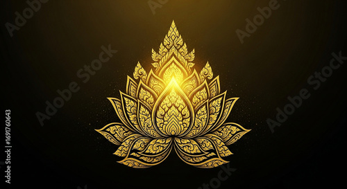 Golden Thai Lotus Flower with Traditional Pattern and Radiant Glow