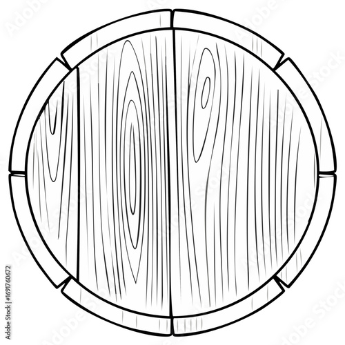 Black and white wooden barrel, circular form, vintage, illustration