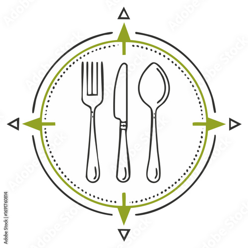 Food travel compass logo with fork knife and spoon illustration for culinary exploration and dining guide
