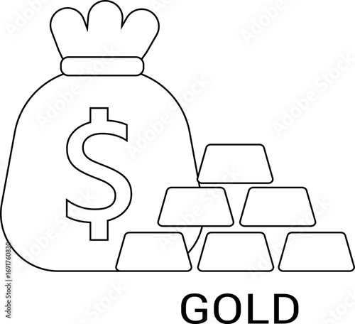 gold bar icon and dollar sack icon with white background