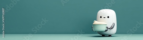 A cute robot character holding a bowl, set against a minimalist teal background, creating a whimsical and modern atmosphere with space for text, cute chef robot