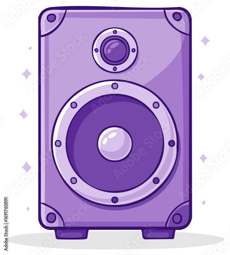 Vibrant purple audio speaker with a large woofer and tweeter, perfect for music and sound