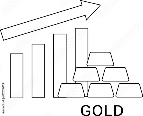 gold bullion icon and rising graph icon with white background
