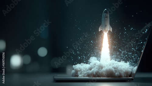 Rocket launching from laptop, dark background