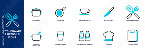 Kitchenware and Utensils Blue Colored Outline Icon Set