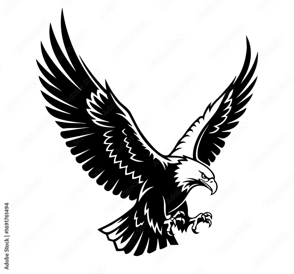 Obraz premium Black and white vector illustration of a powerful eagle in mid-flight.