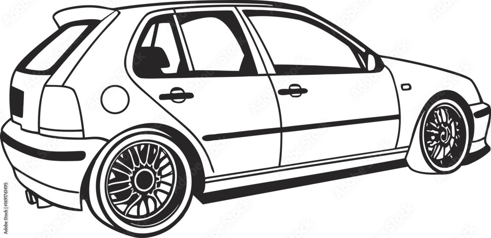 Naklejka premium Compact Car Side View Vector Illustration, Small City Car Side Profile Design, Modern Compact Vehicle Side View Graphic, Simple Hatchback Car Side Silhouette Vector