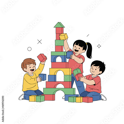 Children building a tall tower together with colorful blocks learning through play and creativity