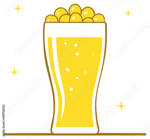 Refreshing Golden Beer in a Tall Glass with Frothy Head and Bubbles Sparkles