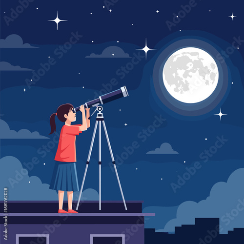 A young girl gazes at the bright full moon and stars through her telescope on a clear night