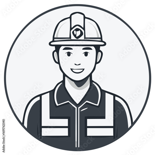 Portrait illustration of a friendly industrial worker in a hard hat and protective vest