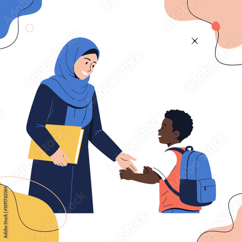 A caring muslim teacher welcomes a young student back to school ready for learning and growth