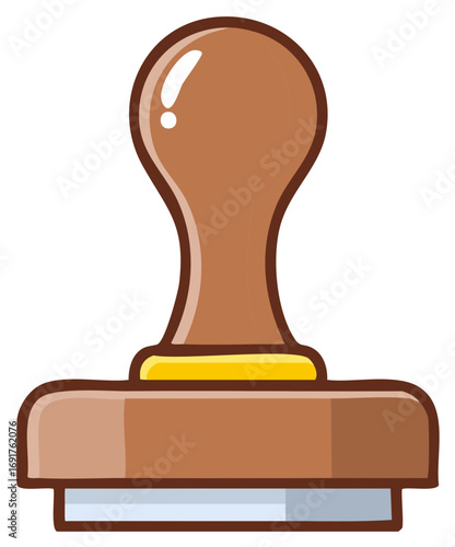 Illustration of a wooden stamp with brown handle and gold trim on the base for marking documents.