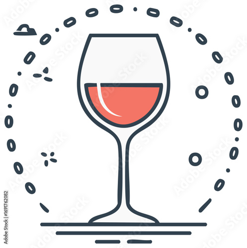 Modern outline illustration of a red wine glass with festive abstract decorative elements