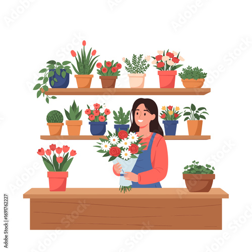 A cheerful florist arranges a beautiful bouquet of fresh flowers amidst shelves laden with vibrant potted plants