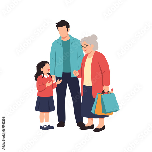 Multi-generational family enjoying time together shopping outdoors with bags