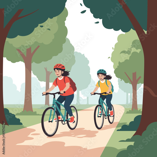 Two young women riding bicycles on a scenic path through a lush green park surrounded by tall trees on a bright day enjoying outdoor recreation