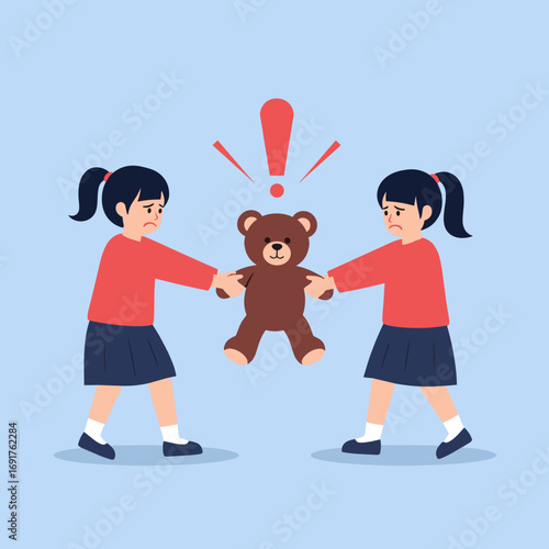 Two unhappy girls fighting over a brown teddy bear illustration