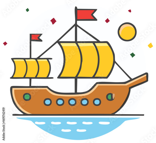 Colorful cartoon historic sailing ship adventure with yellow sails and red flags on ocean waves
