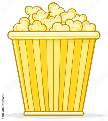 Cartoon illustration of fresh popped butter popcorn in a classic striped movie theater bucket