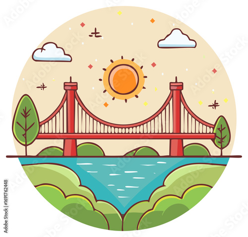 Vibrant cartoon illustration of a grand red suspension bridge spanning blue water with sun and green hills