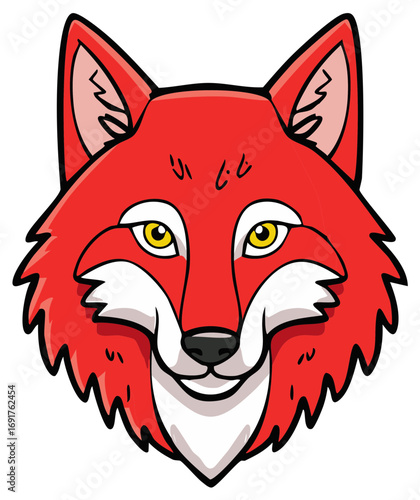 Illustration of a Fox Head with Yellow Eyes and Red Fur; Cartoon Animal Head Portrait