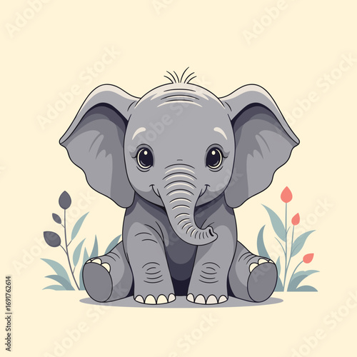 Adorable baby elephant with big eyes and flappy ears sitting in a field of wildflowers