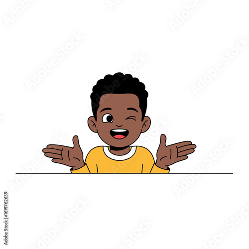 Young boy with dark curly hair wearing a yellow long sleeved shirt winking with both hands open