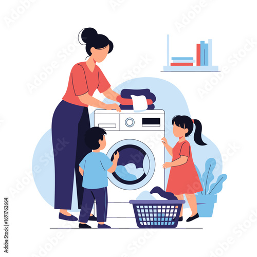 Mother and children doing laundry together a family chore day helping with clothes washing and folding at home