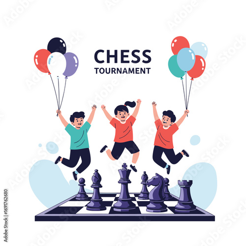 Exciting chess tournament celebrating young players with joyful balloons and victory cheers