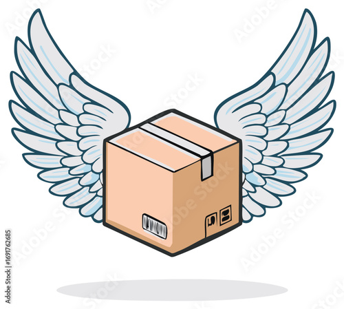 Flying cardboard box with open wings for fast delivery and shipping services