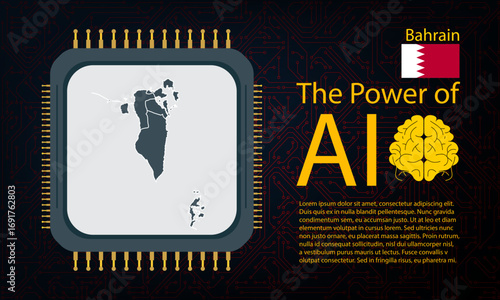 bahrain map with microchip war and AI concept on circuit board, Power of AI with country map. Global connectivity with big data